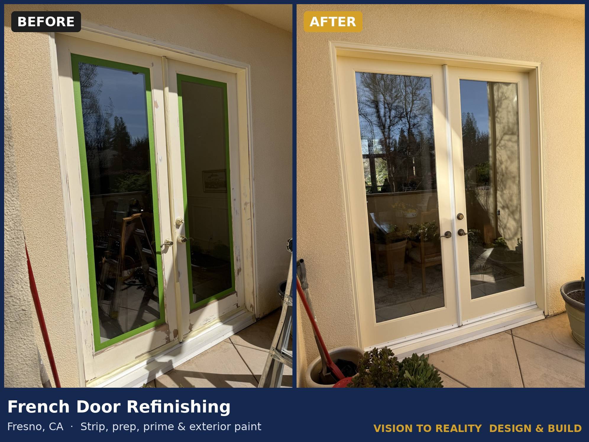 Before and after: French Door Refinishing, Fresno, CA. Strip, prep, prime & exterior paint.