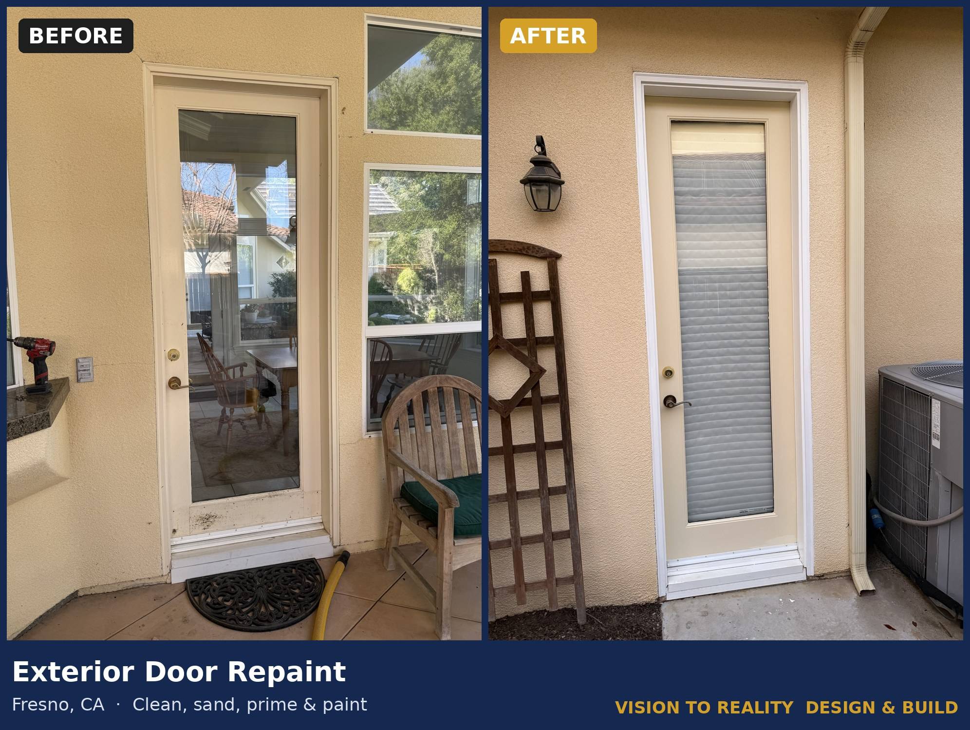 Before and after: Exterior Door Repaint, Fresno, CA. Clean, sand, prime & paint.