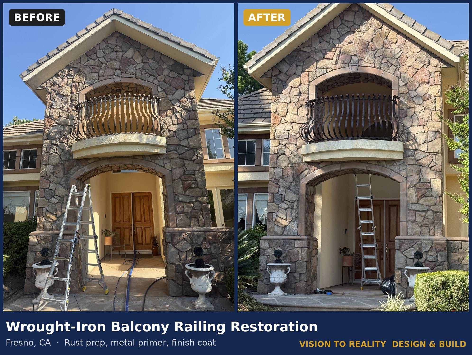 Before and after: Wrought-Iron Balcony Railing Restoration, Fresno, CA. Rust prep, metal primer, finish coat.