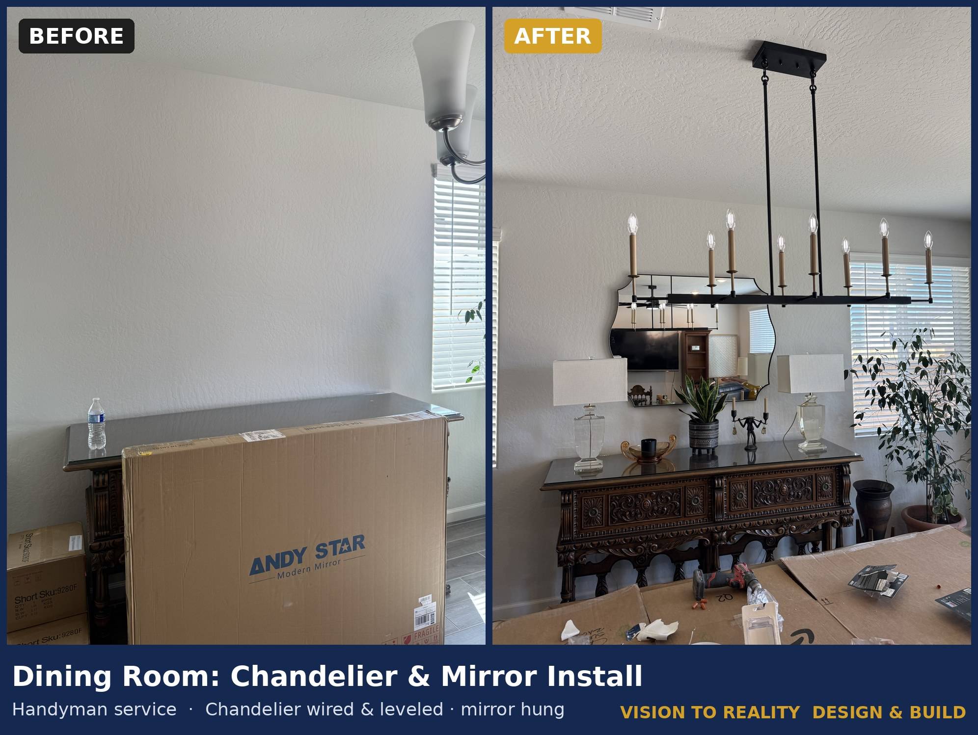 Before and after: Dining Room: Chandelier & Mirror Install. Chandelier wired & leveled, mirror hung.