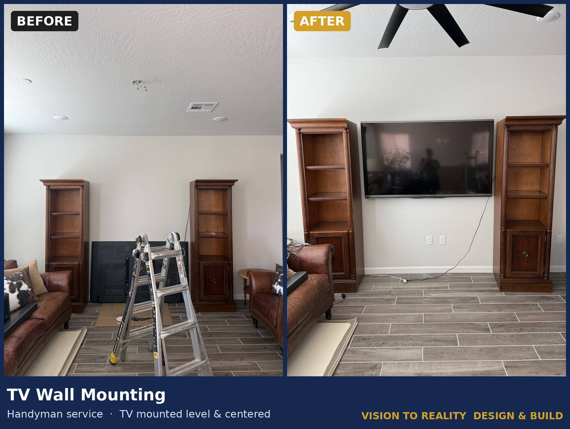 Before and after: TV Wall Mounting. TV mounted level & centered.