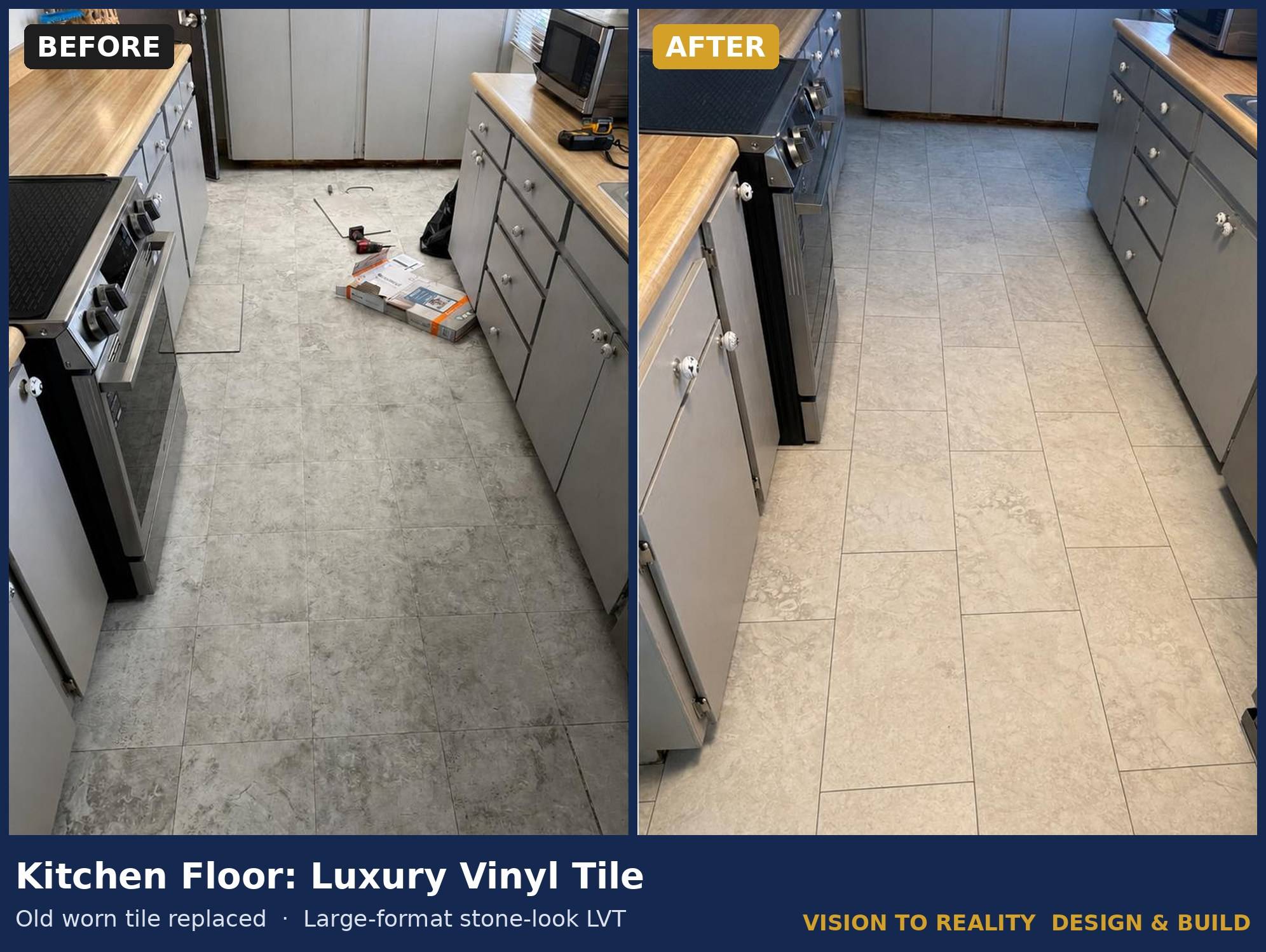 Before and after: Kitchen Floor: Luxury Vinyl Tile. Old worn tile replaced with large-format stone-look LVT.