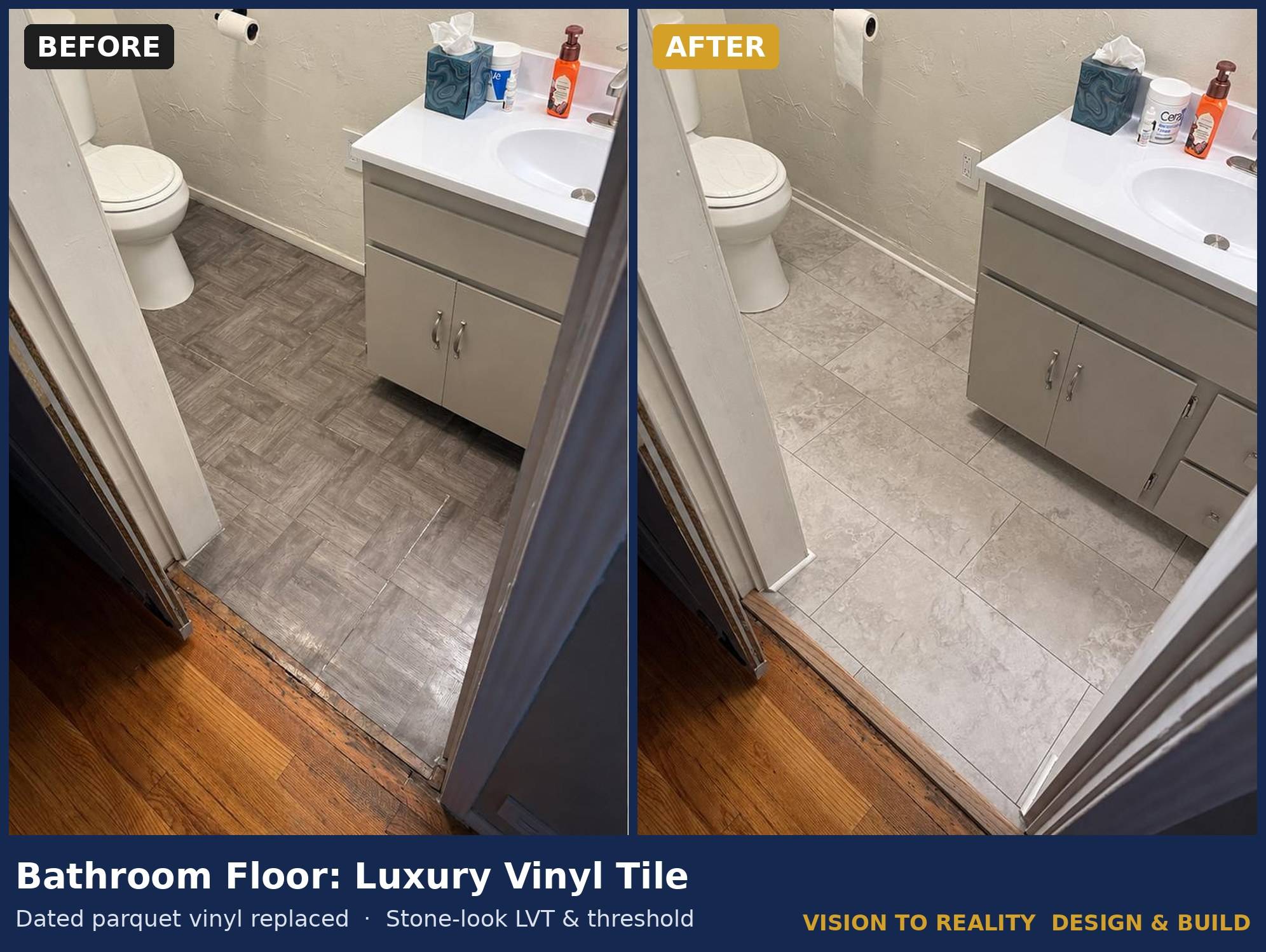 Before and after: Bathroom Floor: Luxury Vinyl Tile. Dated parquet vinyl replaced with stone-look LVT & threshold.