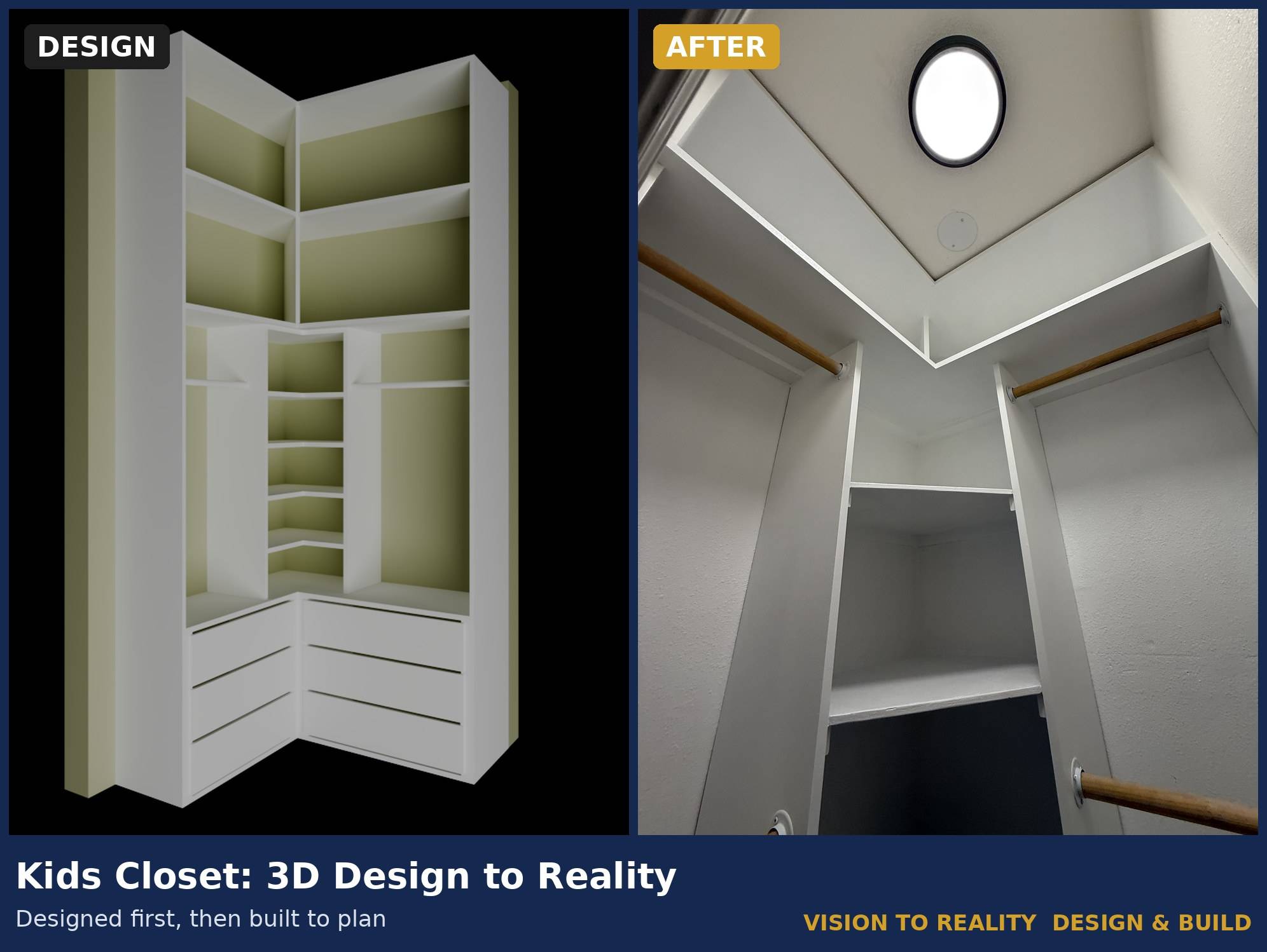 Before and after: Kids Closet: 3D Design to Reality. Designed first, then built to plan.
