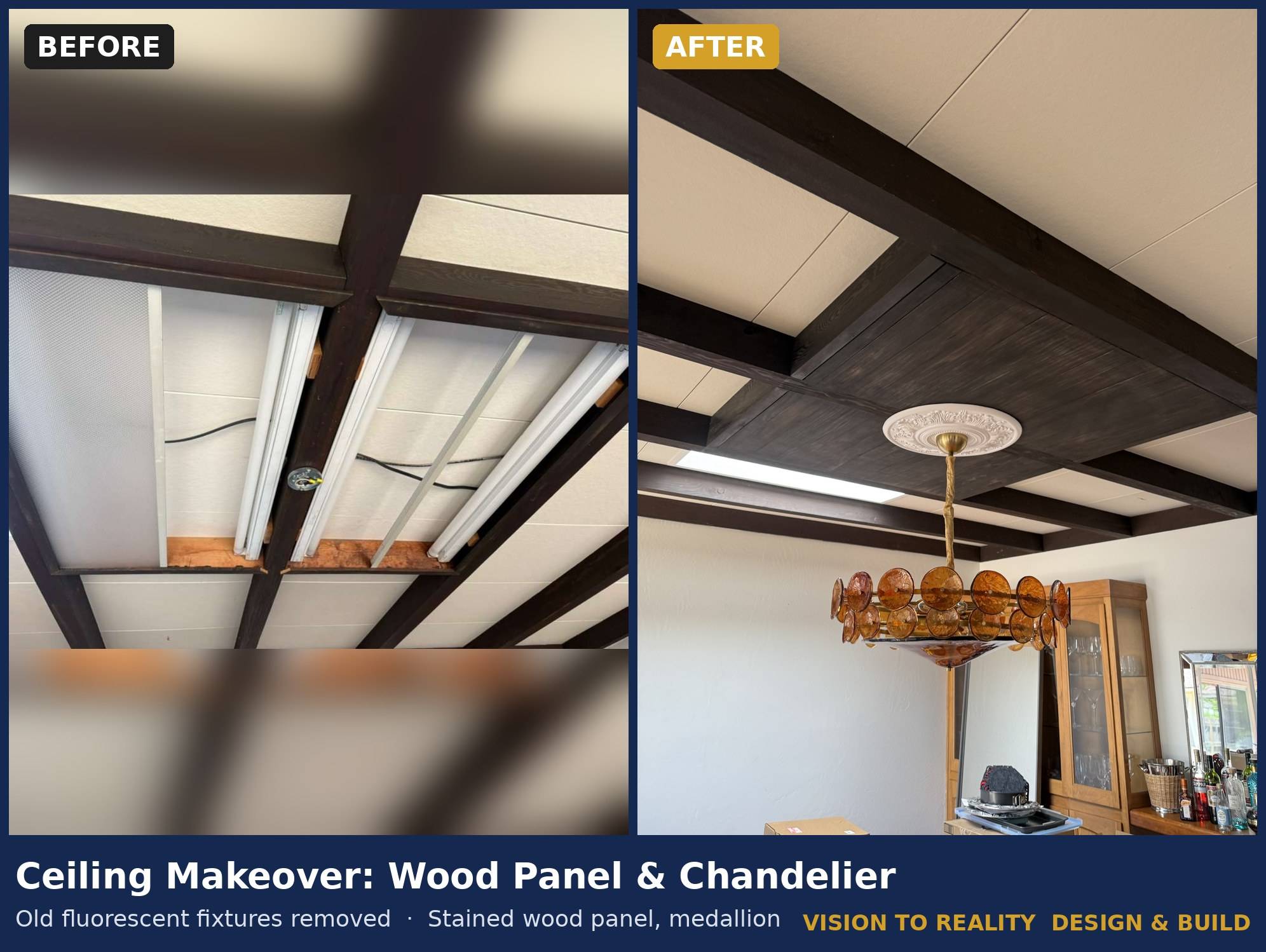 Before and after: Ceiling Makeover: Wood Panel & Chandelier. Old fluorescent fixtures removed, stained wood panel, medallion.
