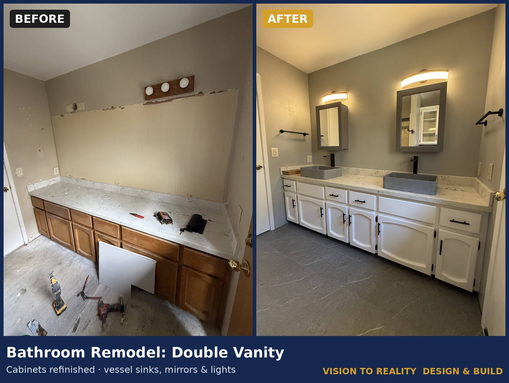Before and after: Bathroom Remodel: Double Vanity. Cabinets refinished, vessel sinks, mirrors & lights.