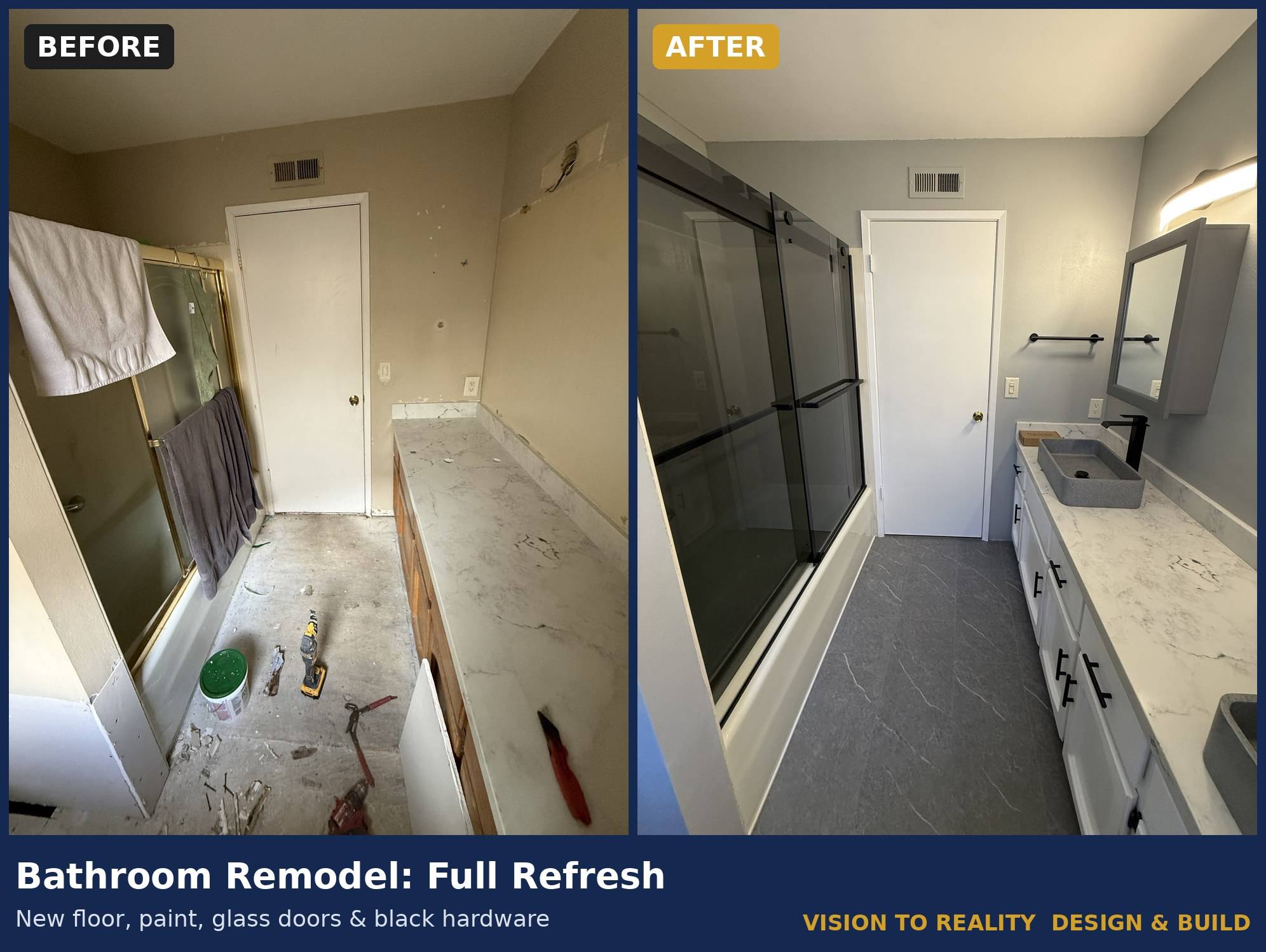 Before and after: Bathroom Remodel: Full Refresh. New floor, paint, glass doors & black hardware.