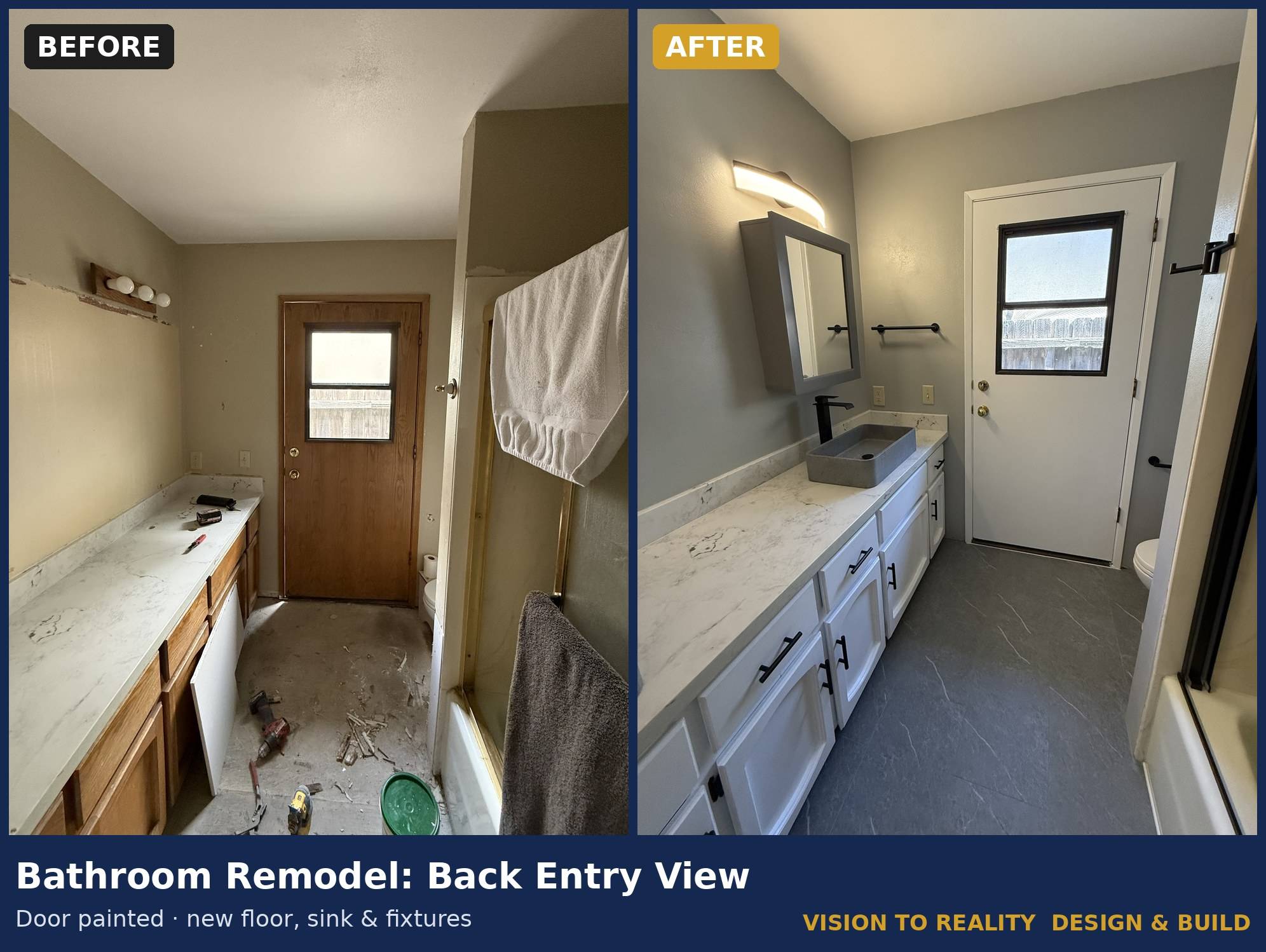 Before and after: Bathroom Remodel: Back Entry View. Door painted, new floor, sink & fixtures.
