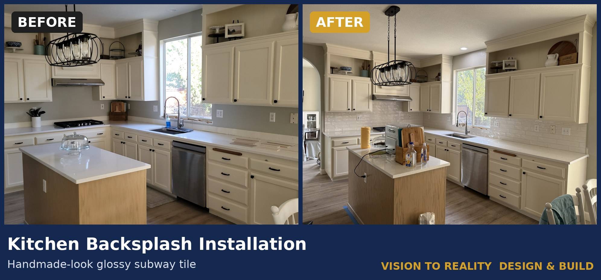 Before and after: Kitchen Backsplash Installation. Handmade-look glossy subway tile.