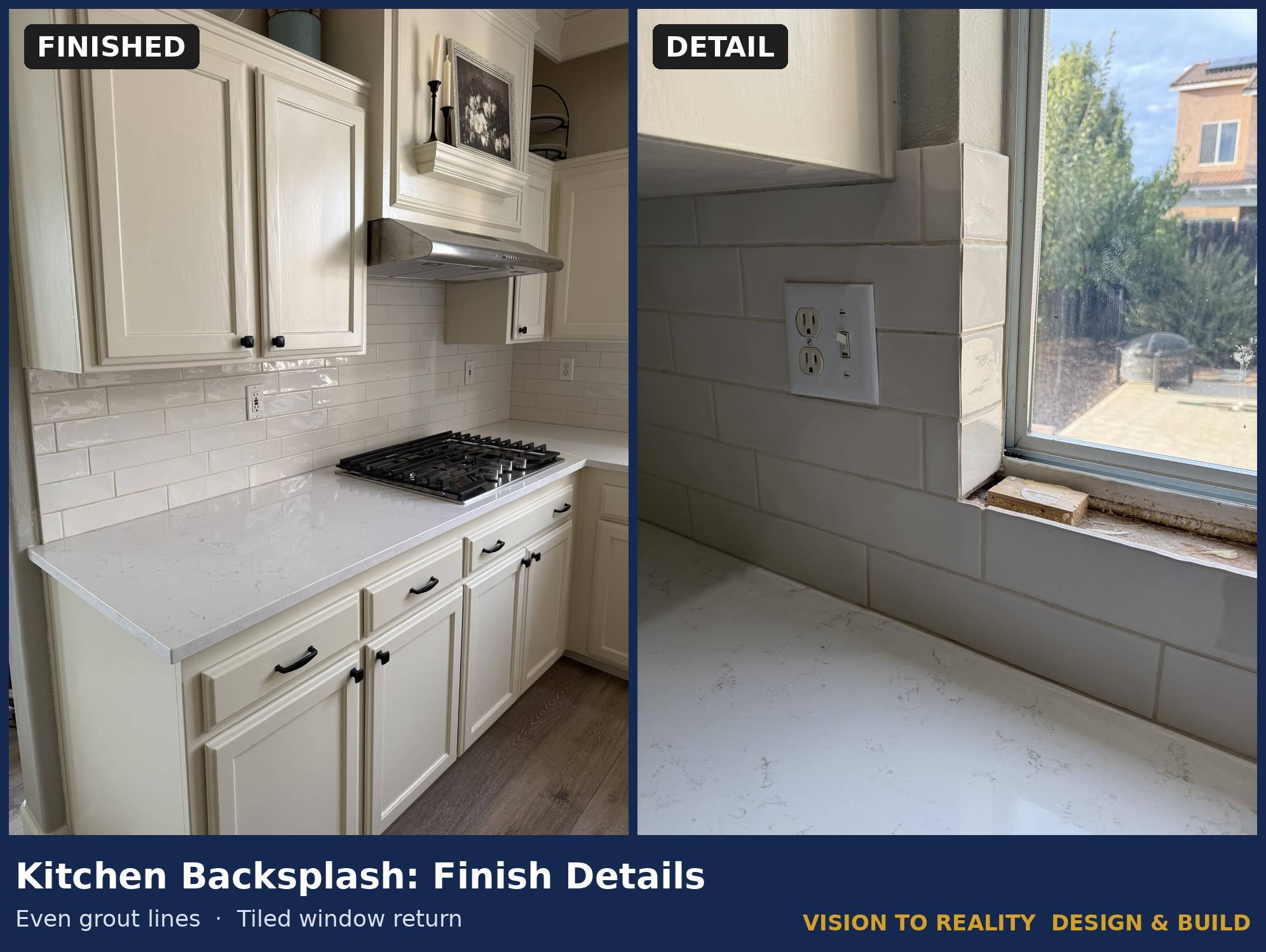Before and after: Kitchen Backsplash: Finish Details. Even grout lines, tiled window return.