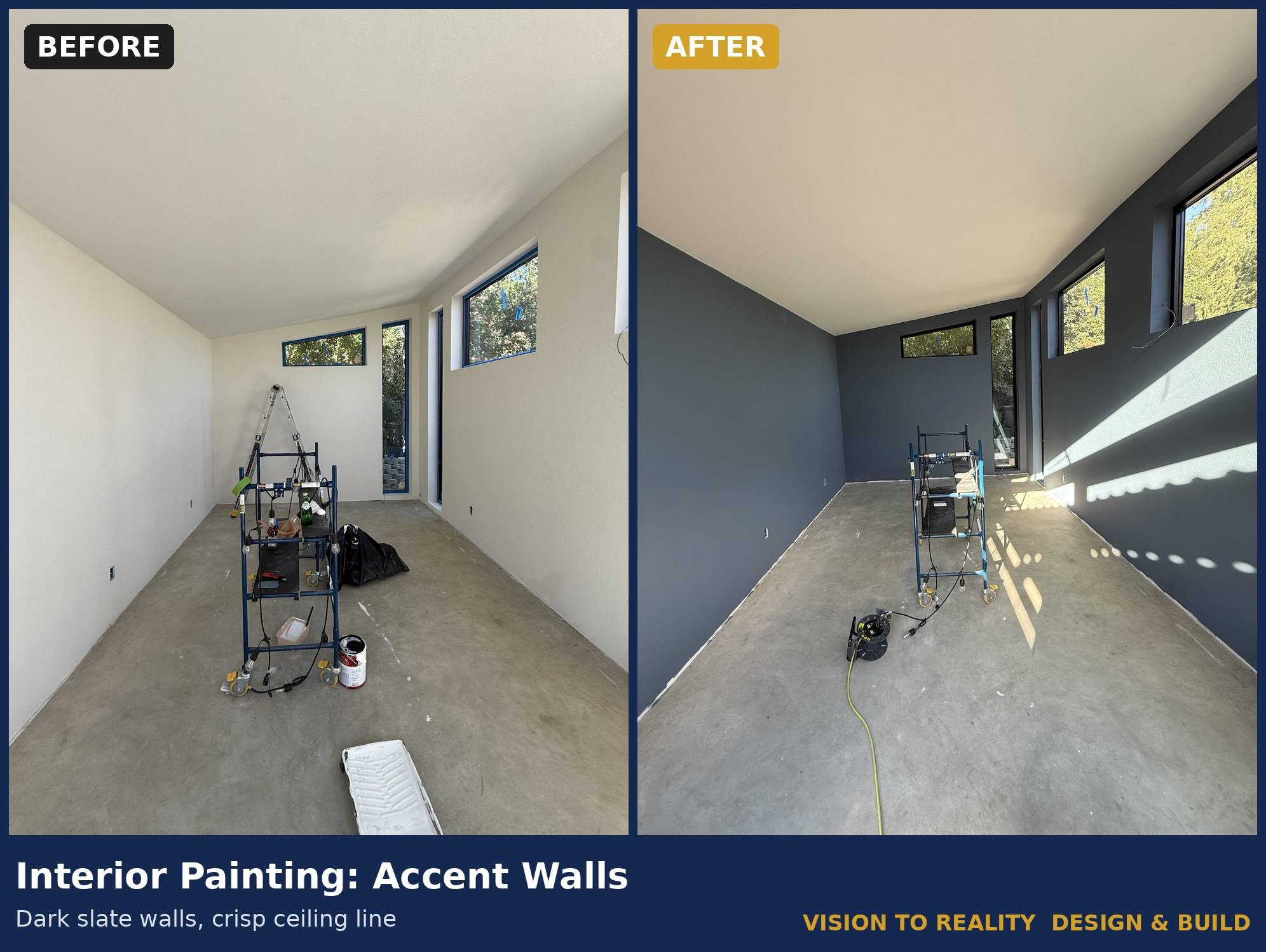 Before and after: Interior Painting: Accent Walls. Dark slate walls, crisp ceiling line.