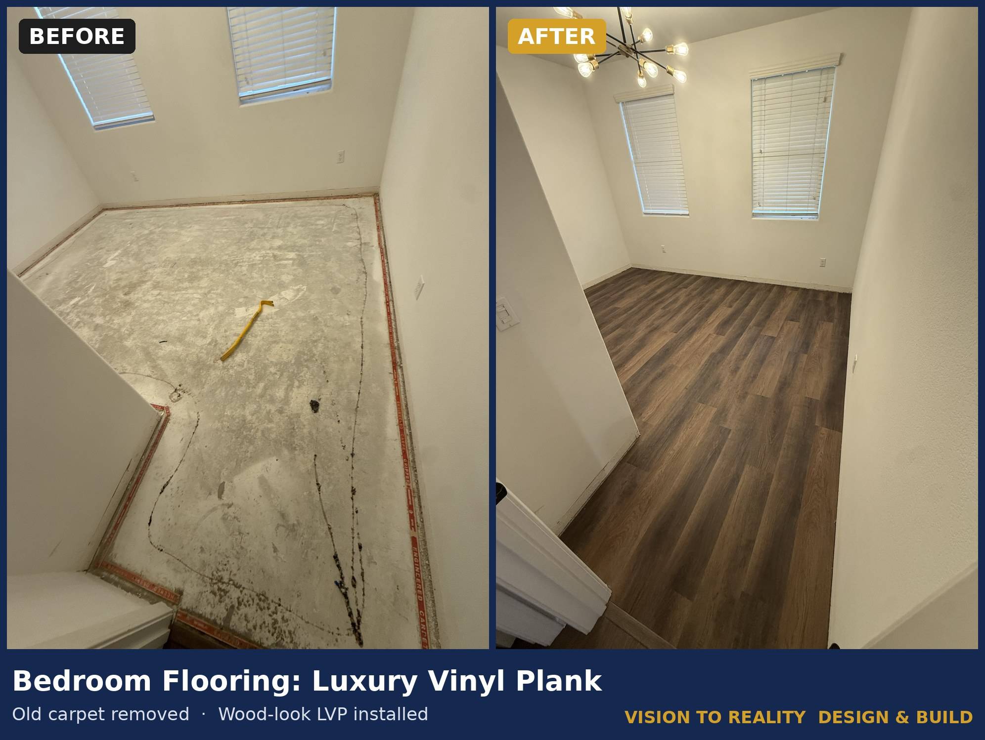 Before and after: Bedroom Flooring: Luxury Vinyl Plank. Old carpet removed, wood-look LVP installed.