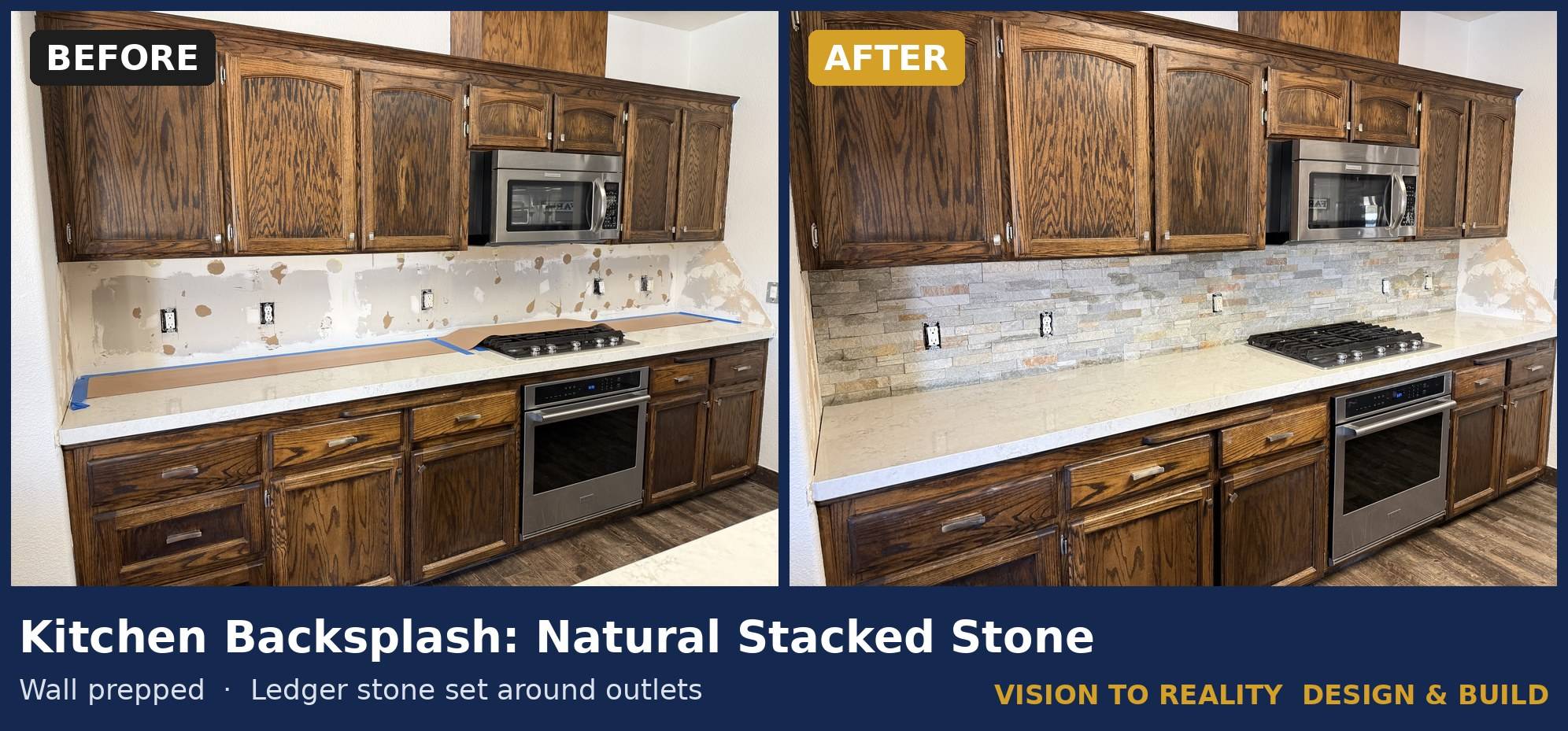 Before and after: Kitchen Backsplash: Natural Stacked Stone. Wall prepped, ledger stone set around outlets.
