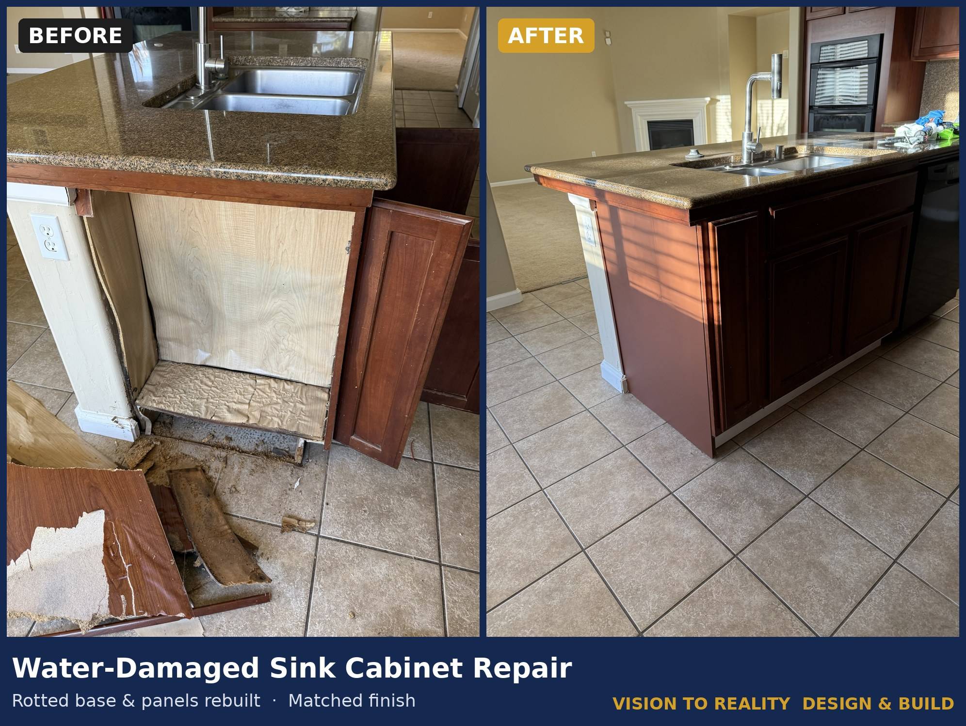 Before and after: Water-Damaged Sink Cabinet Repair. Rotted base & panels rebuilt, matched finish.