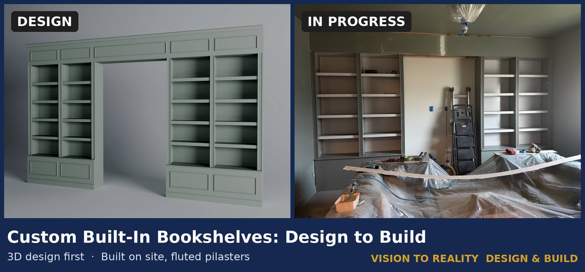 Before and after: Custom Built-In Bookshelves: Design to Build. 3D design first, built on site with fluted pilasters.