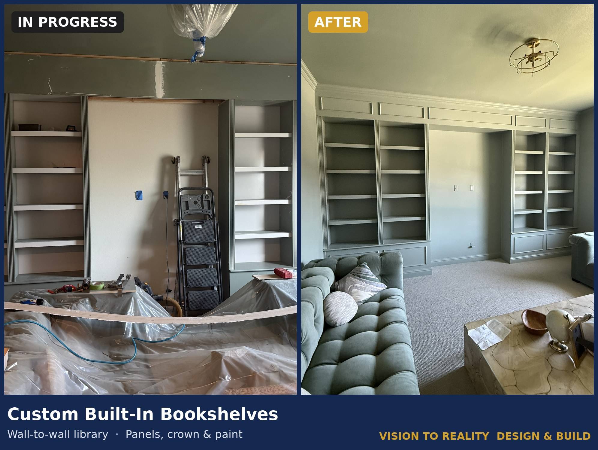Before and after: Custom Built-In Bookshelves. Wall-to-wall library, panels, crown & paint.