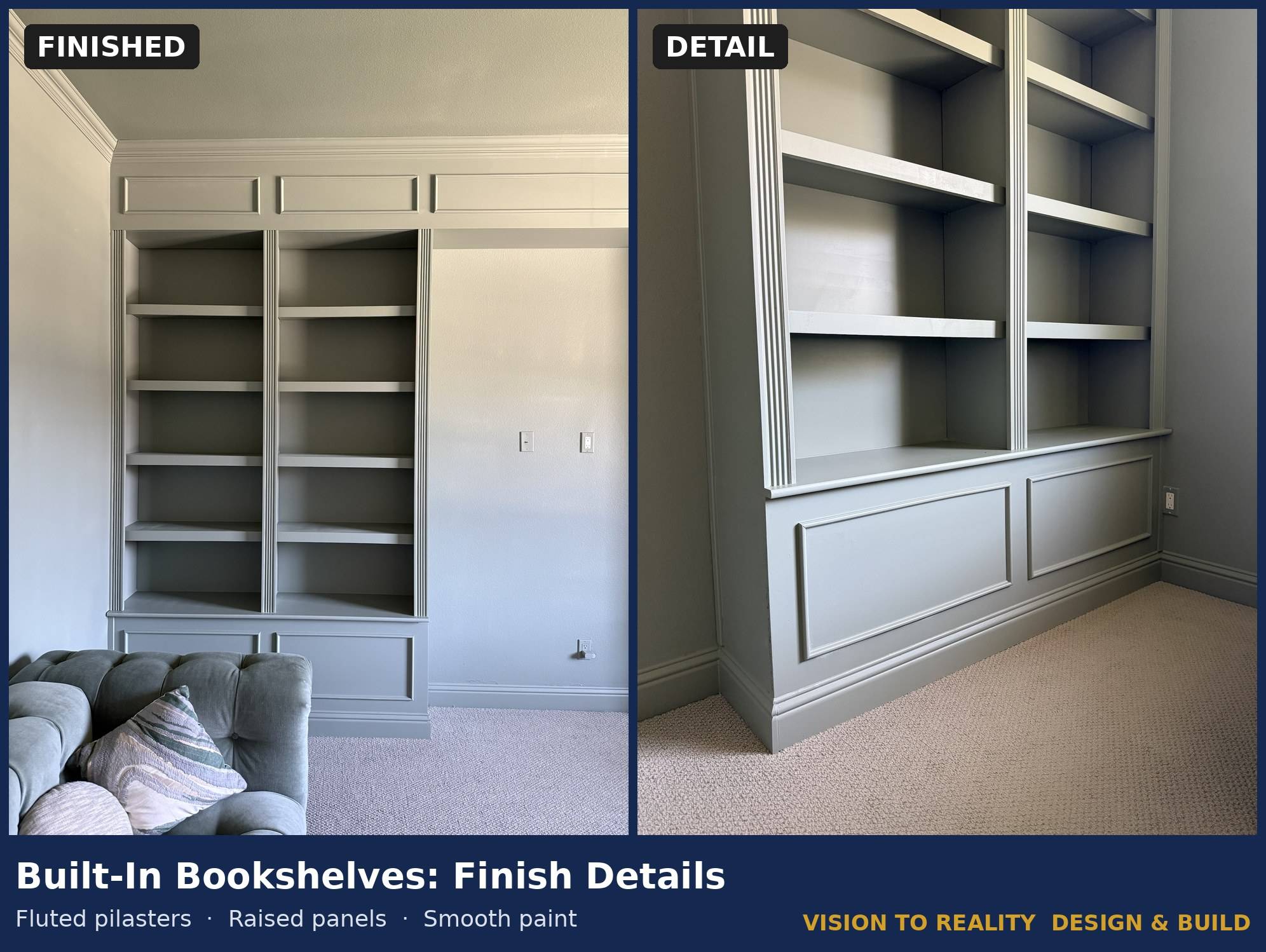 Before and after: Built-In Bookshelves: Finish Details. Fluted pilasters, raised panels, smooth paint.