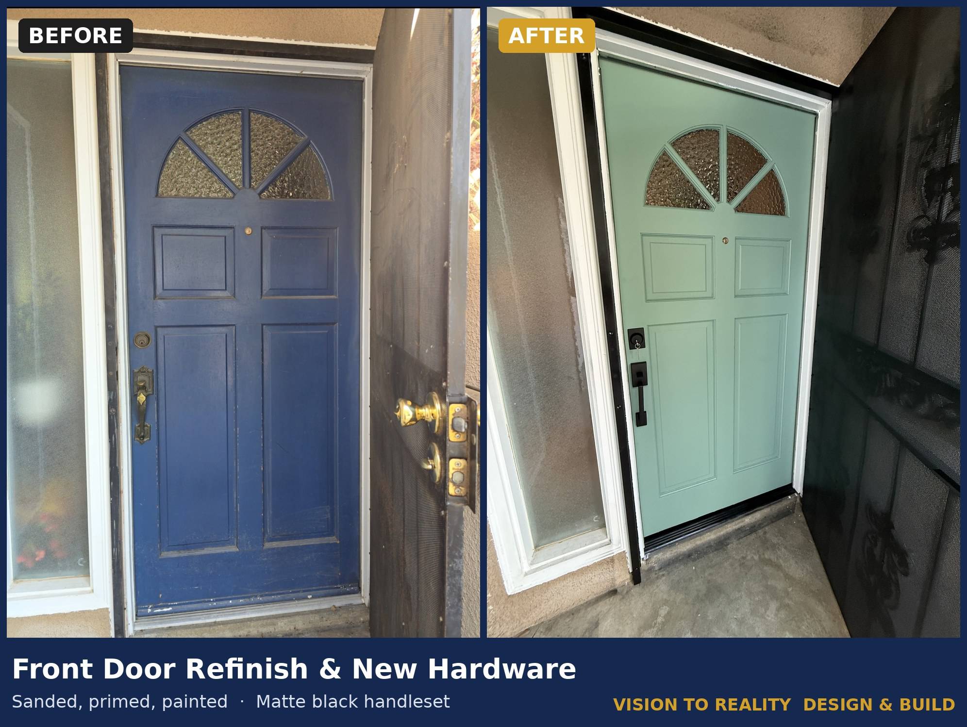 Before and after: Front Door Refinish & New Hardware. Sanded, primed, painted, matte black handleset.