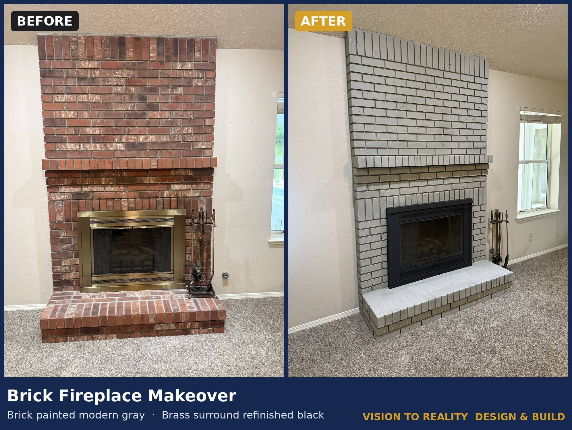 Before and after: Brick Fireplace Makeover. Brick painted modern gray, brass surround refinished black.