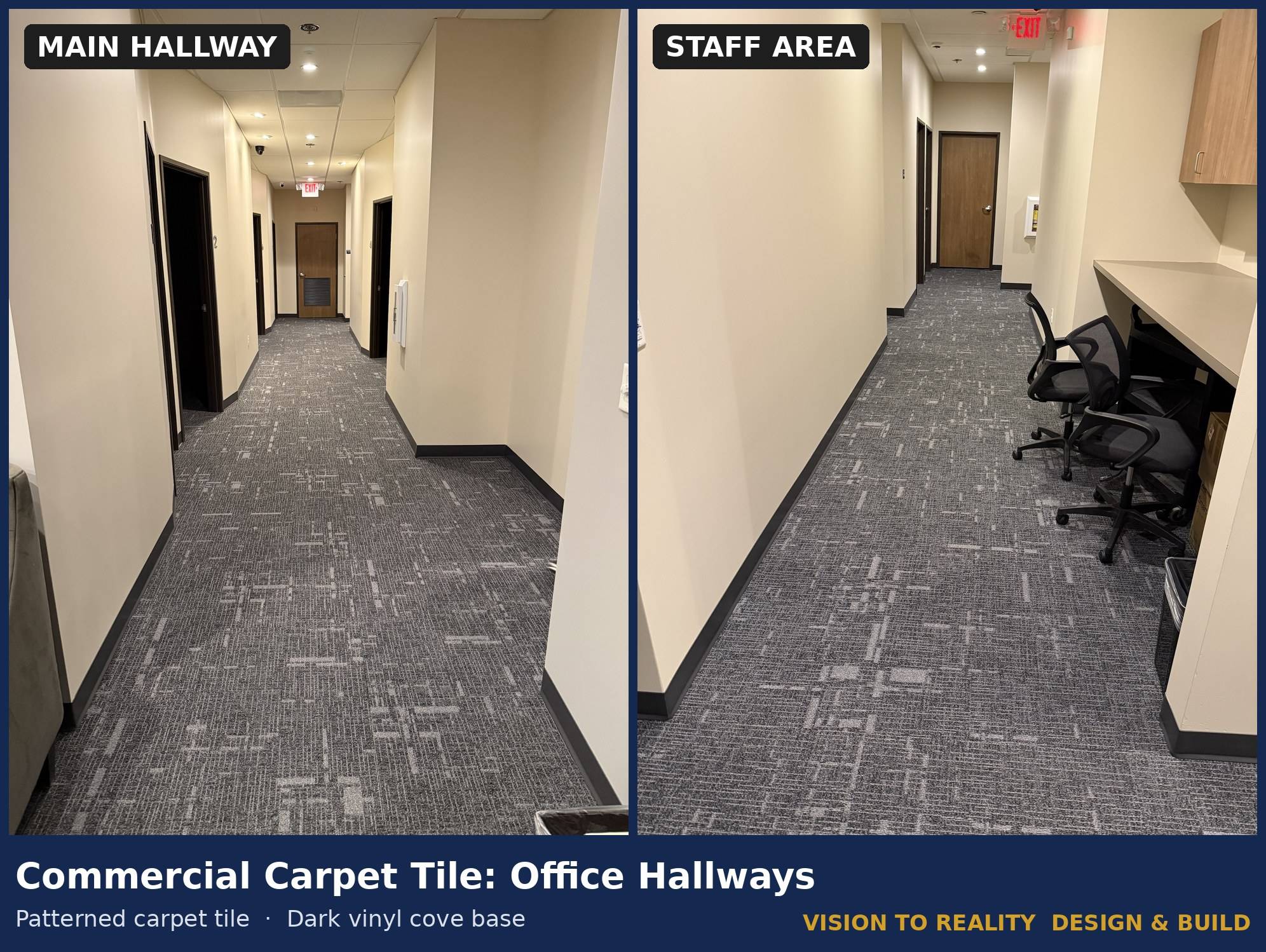 Before and after: Commercial Carpet Tile: Office Hallways. Patterned carpet tile, dark vinyl cove base.