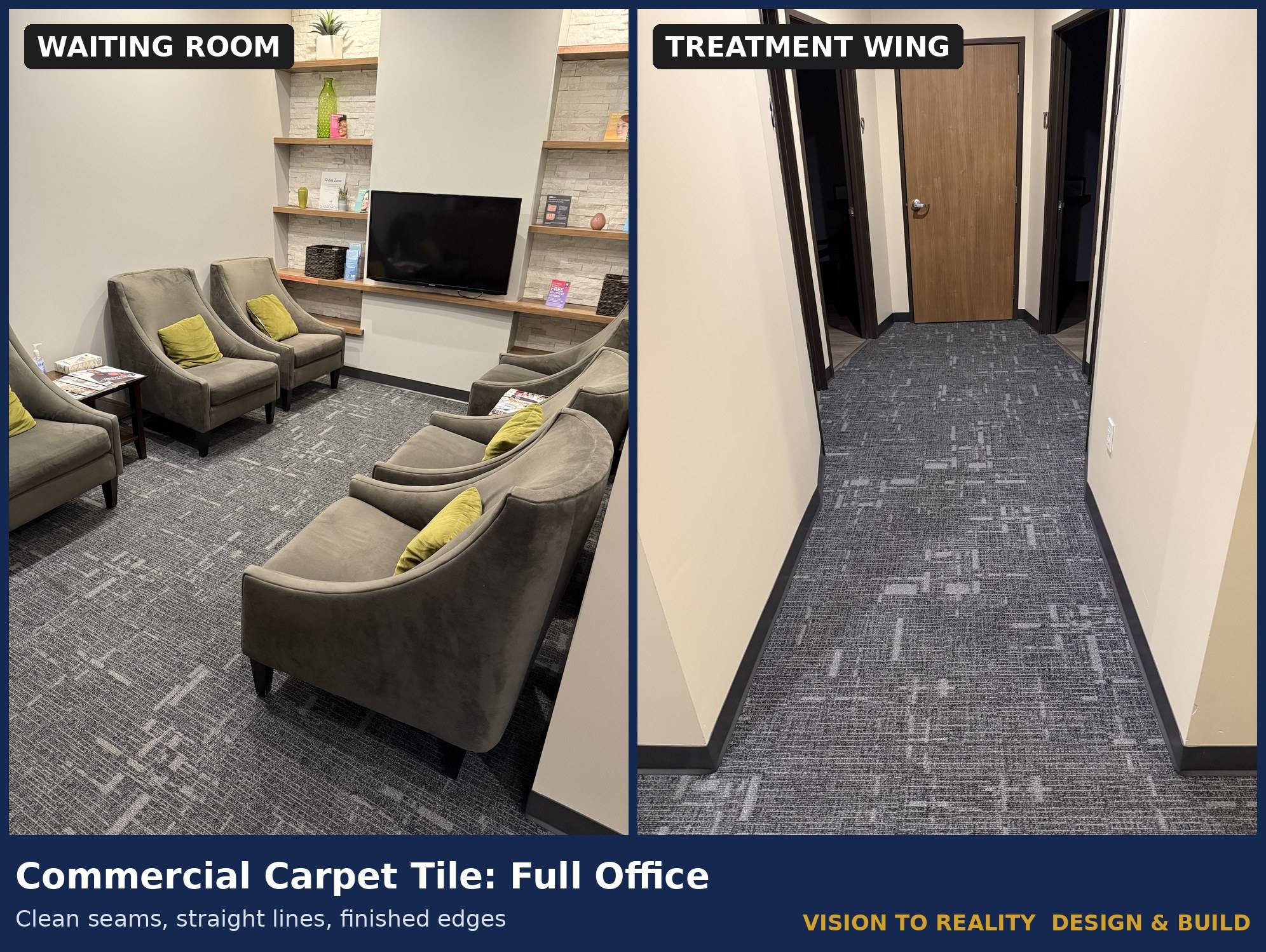 Before and after: Commercial Carpet Tile: Full Office. Clean seams, straight lines, finished edges.