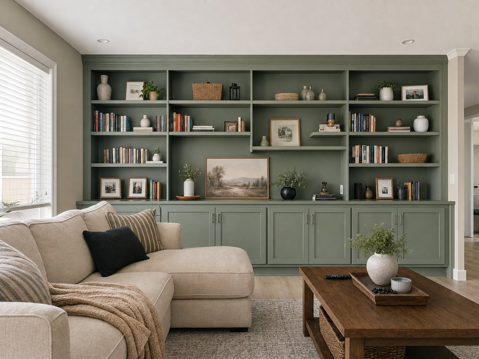 Built-In Bookcase Wall: Sage green bookcase wall
