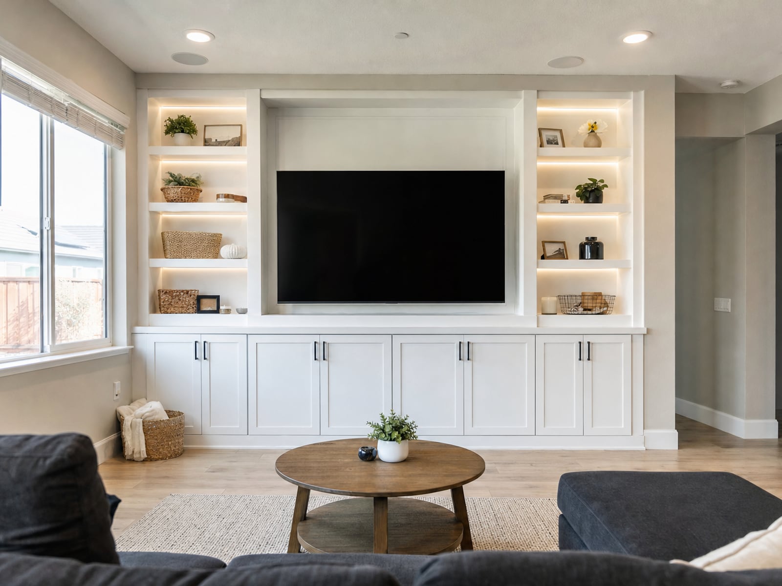 Built-In Media Wall: White built-in around the TV with lit shelves