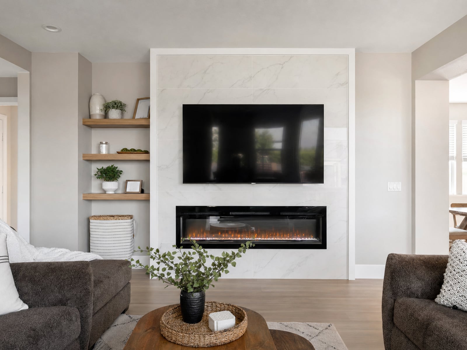 Electric Fireplace TV Wall: Linear electric fireplace with marble-look tile and TV above