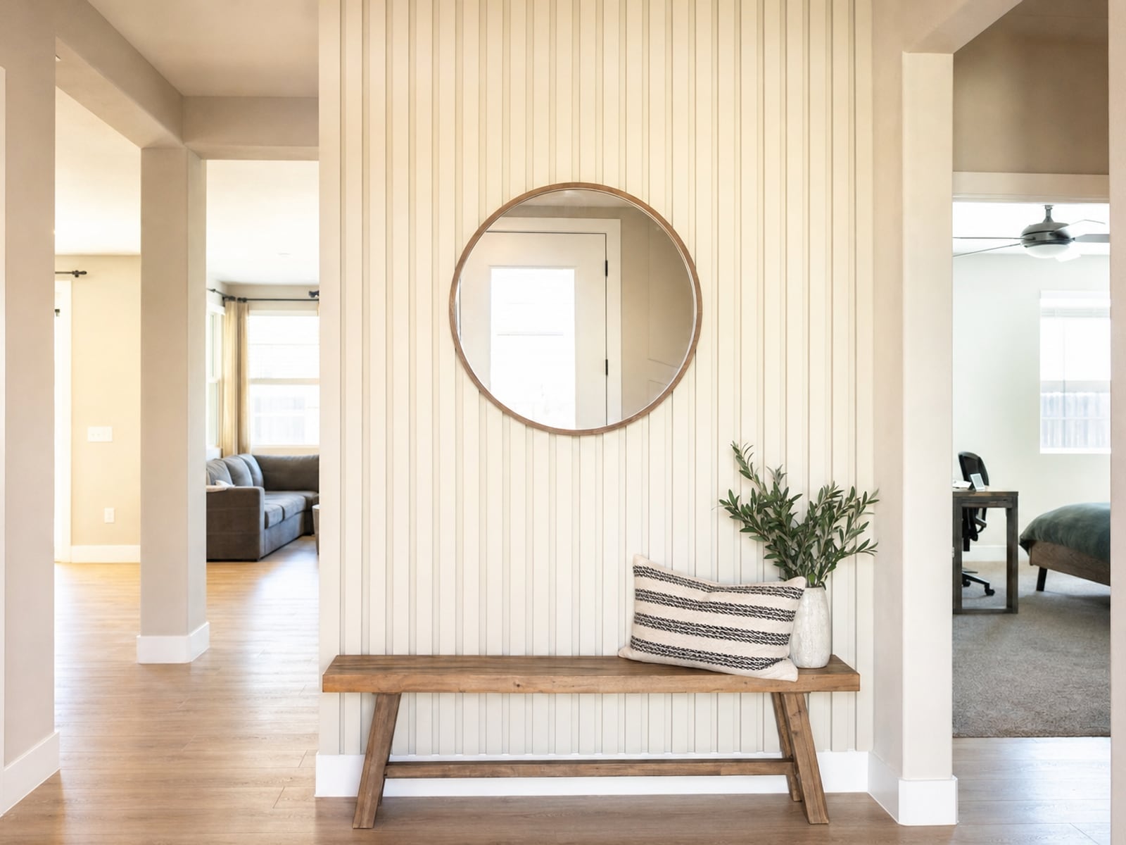 Fluted Panel Wall: Fluted entry wall with bench