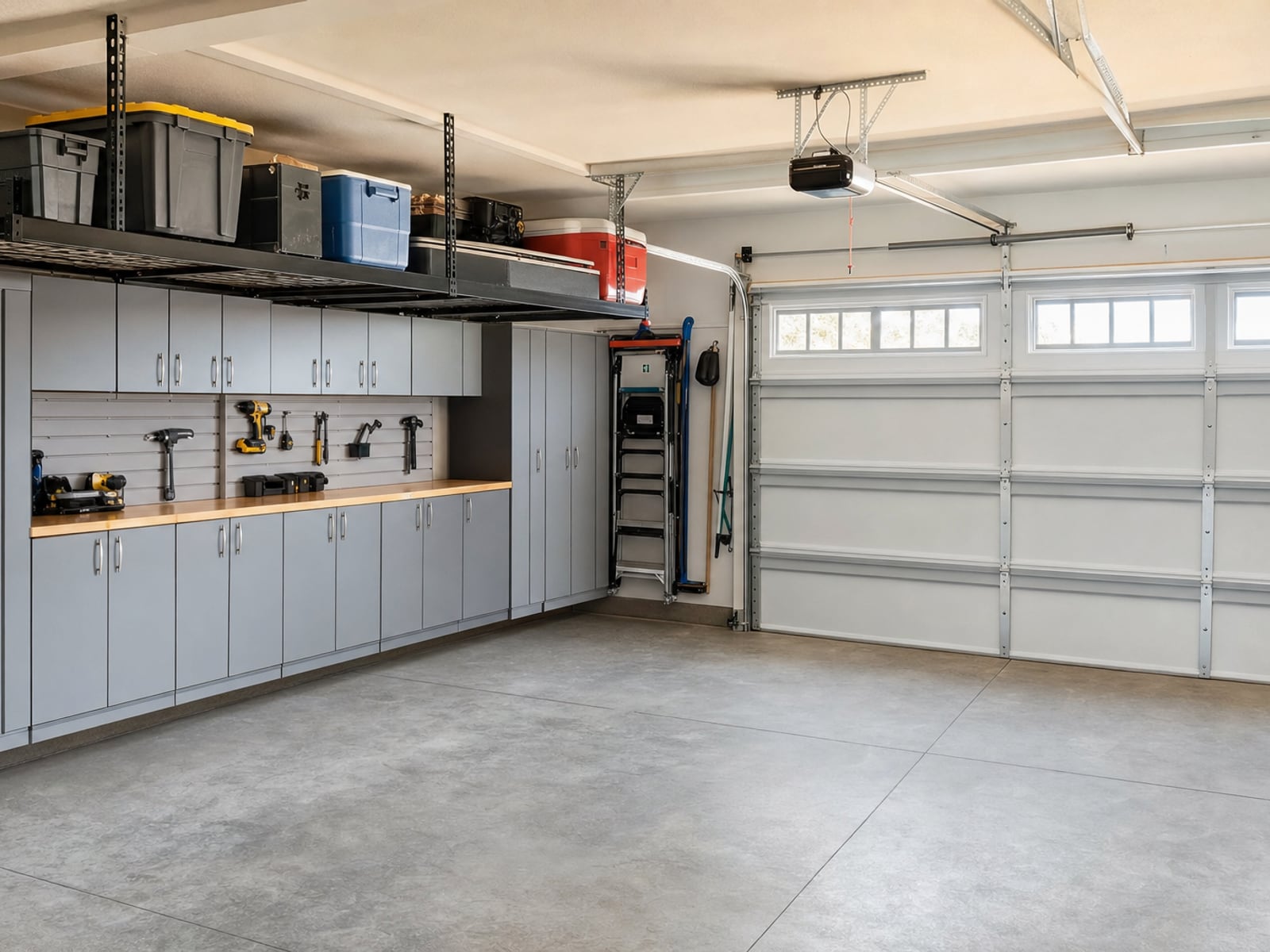 Garage Storage Cabinets: Garage wall of cabinets and workbench