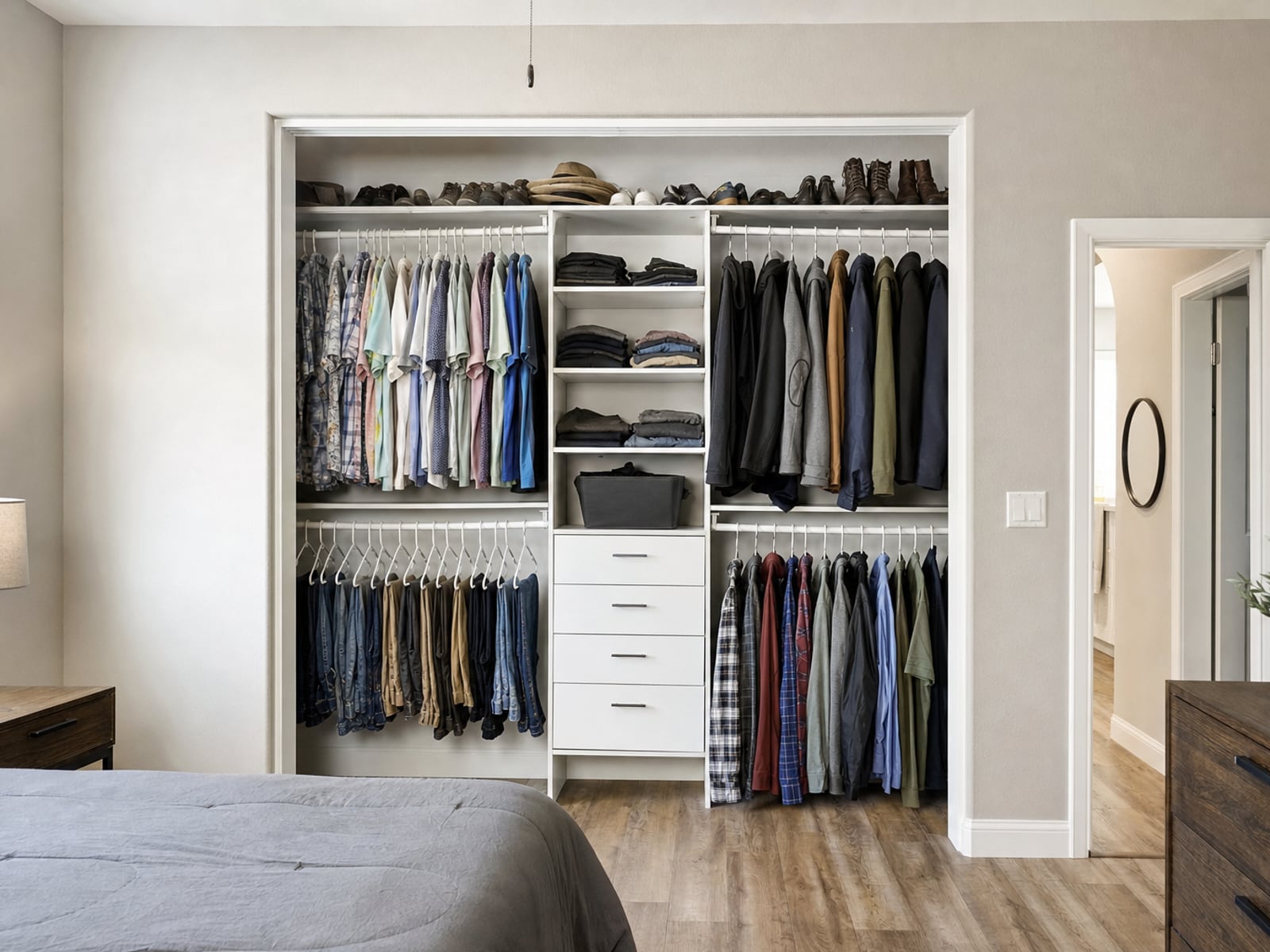 Reach-In Closet System: Reach-in closet with drawer tower