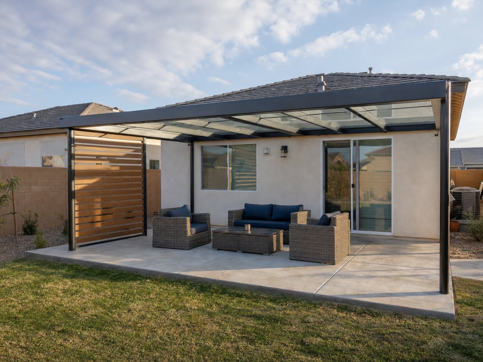 Steel Pergola (Custom): Black steel pergola with glass roof and side screen