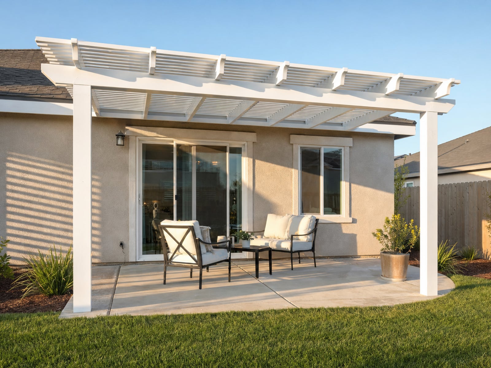 Wood Patio Cover: Wood patio cover painted to match the house