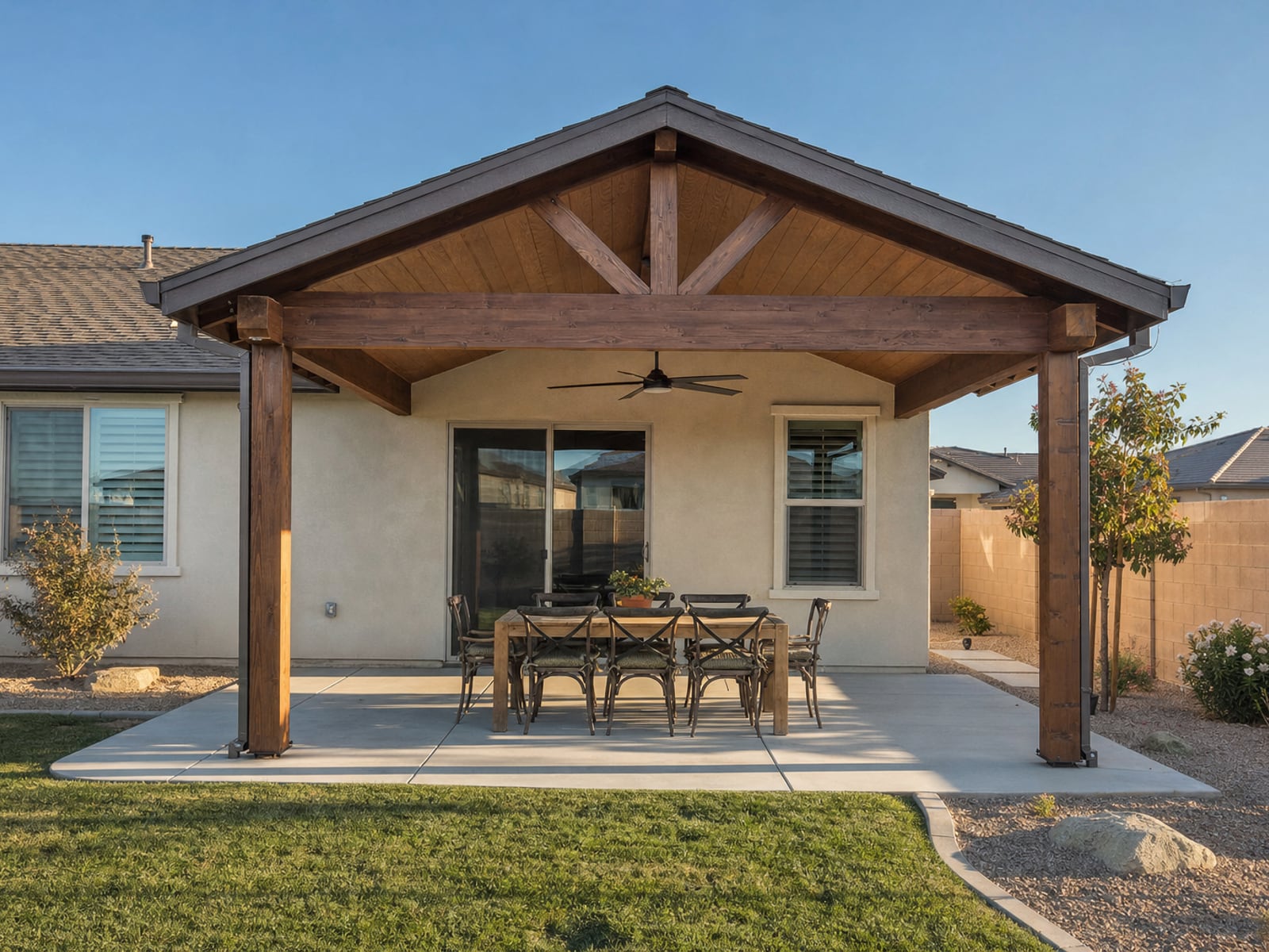 Wood Pavilion (Gazebo): Wood pavilion with gable roof and dining set