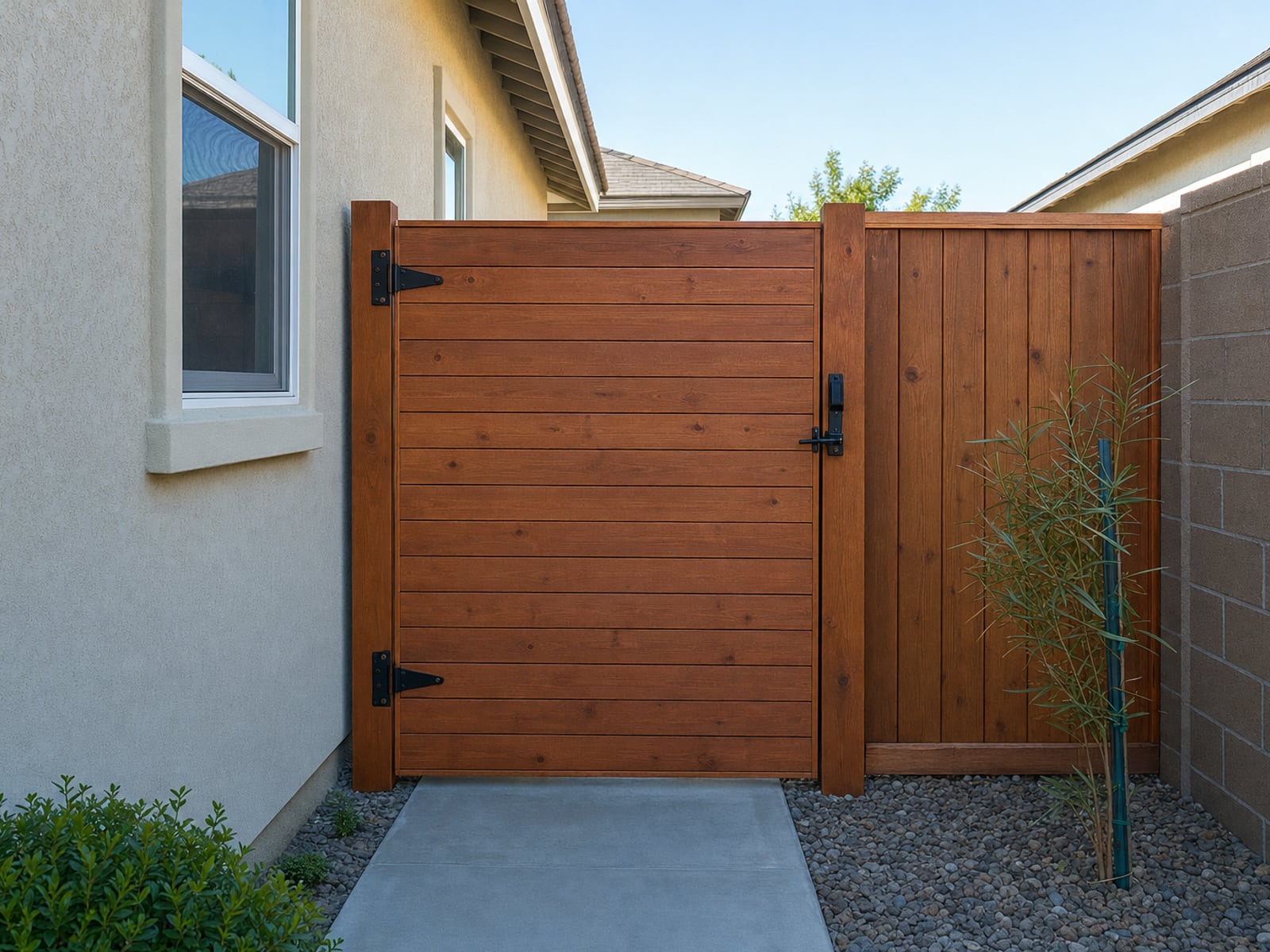 Wood Side Gate (Steel Frame): Wood side gate matching the fence